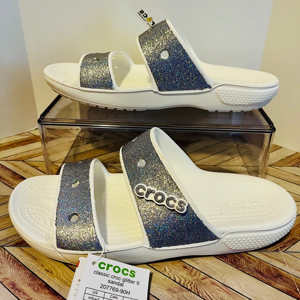 Crocs Classic Glitter II Sandal Wmn 7 Men 5 White Halo Silver Sparkle 207769-90H